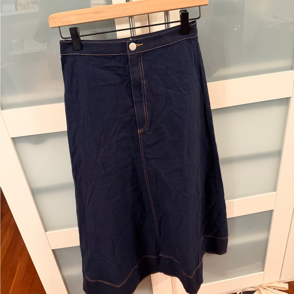 Girls' Navy A-Line Midi Skirt with Contrast Stitching